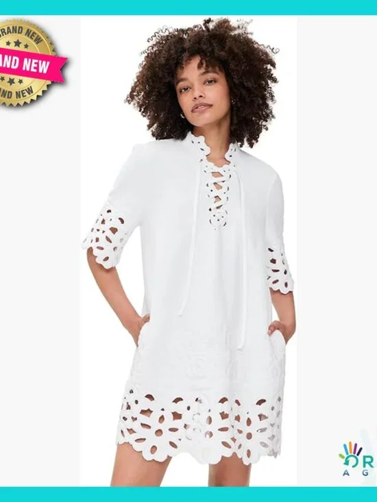 Eyelet Tunic Dress Casual Mini Length Terry Cloth Chic Elegant Summer Wear - Picture 1 of 6